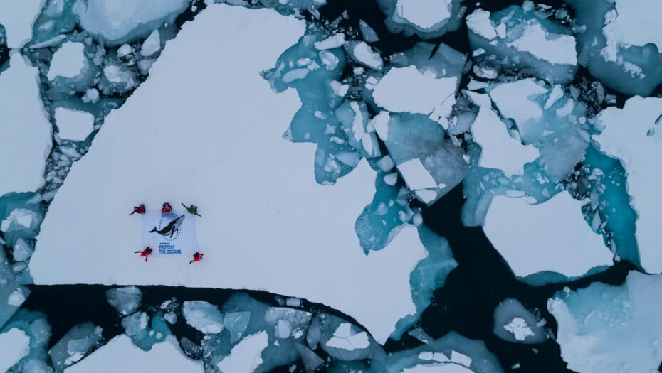 Eine große Eisscholle aus der Luft fotografiert, auf der Scholle halten fünf Aktivisten ein Banner mit der Aufschrift "Schützt die Ozeane" hoch.